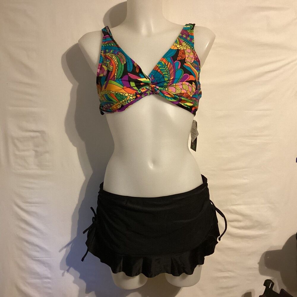1393 NWT Bikini Bay Funky Feathers Underwire Cup Size Top w/Ruffle Swim Short
